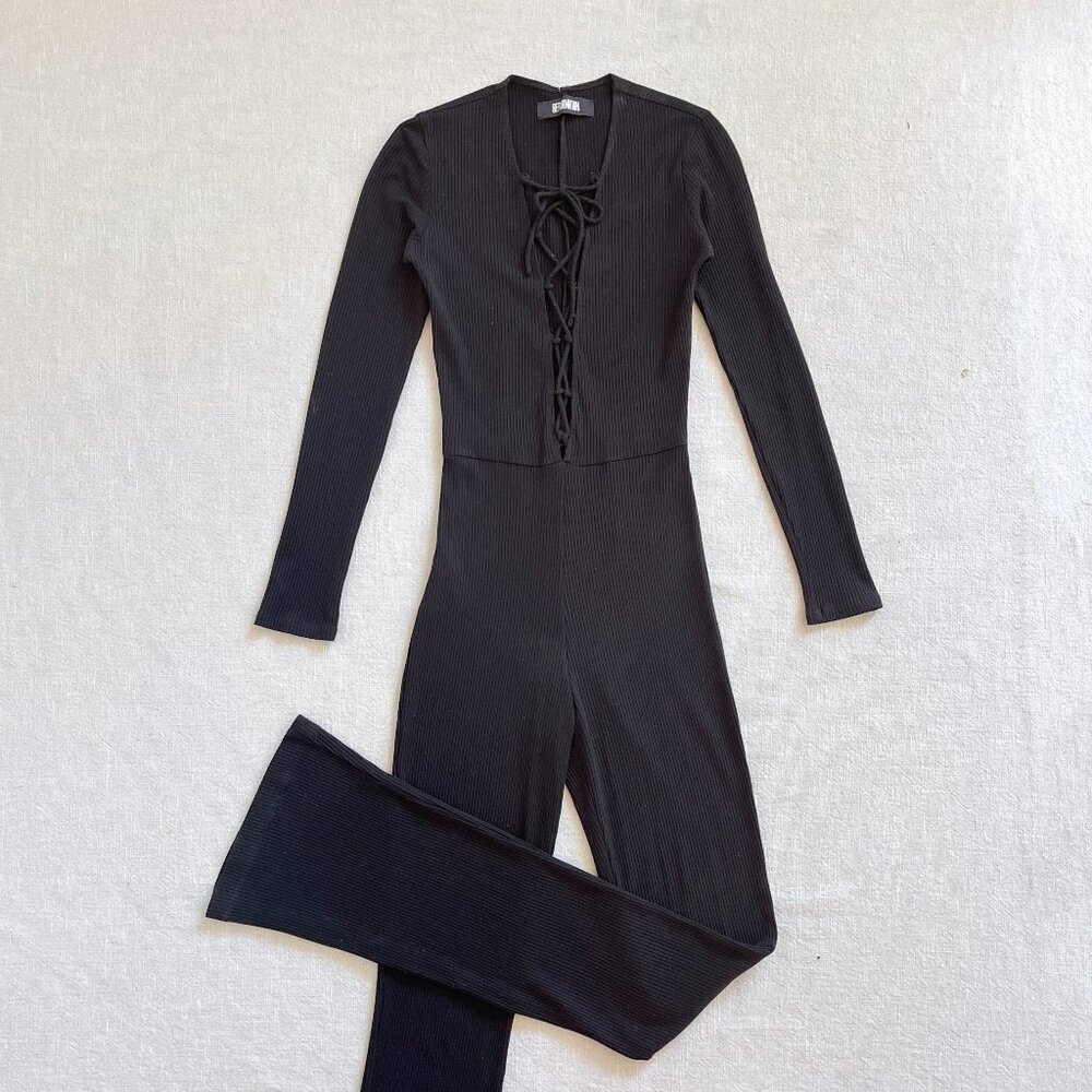 Reformation Black Lace Up Long Sleeved Flare Leg Stretch Jumpsuit Size 4